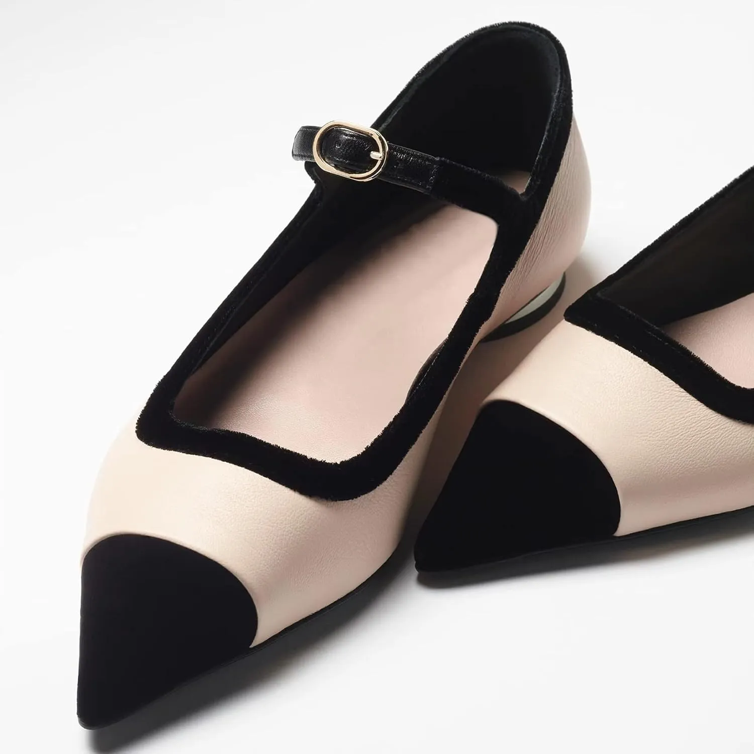 Women’s Mary Jane Flats Shoes Two Tone Splicing Suede Pointed Toe Pumps Buckle Ballet Flat
