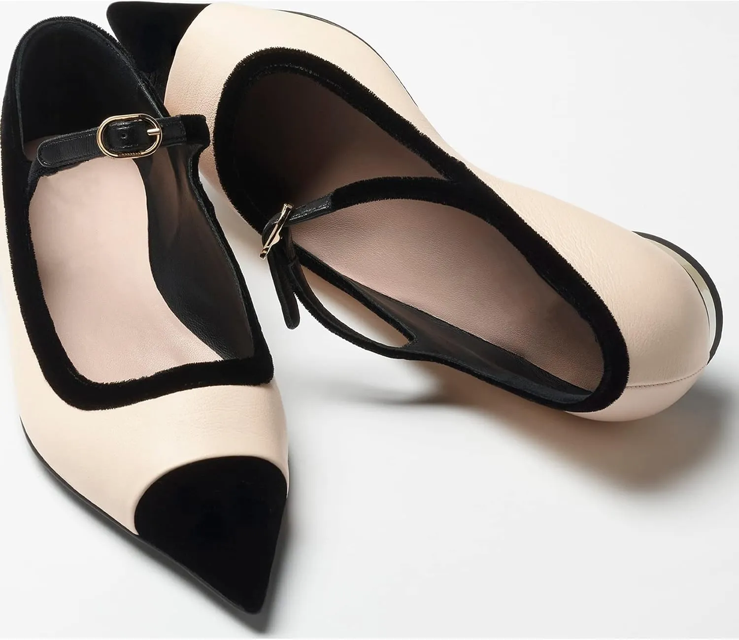 Women’s Mary Jane Flats Shoes Two Tone Splicing Suede Pointed Toe Pumps Buckle Ballet Flat