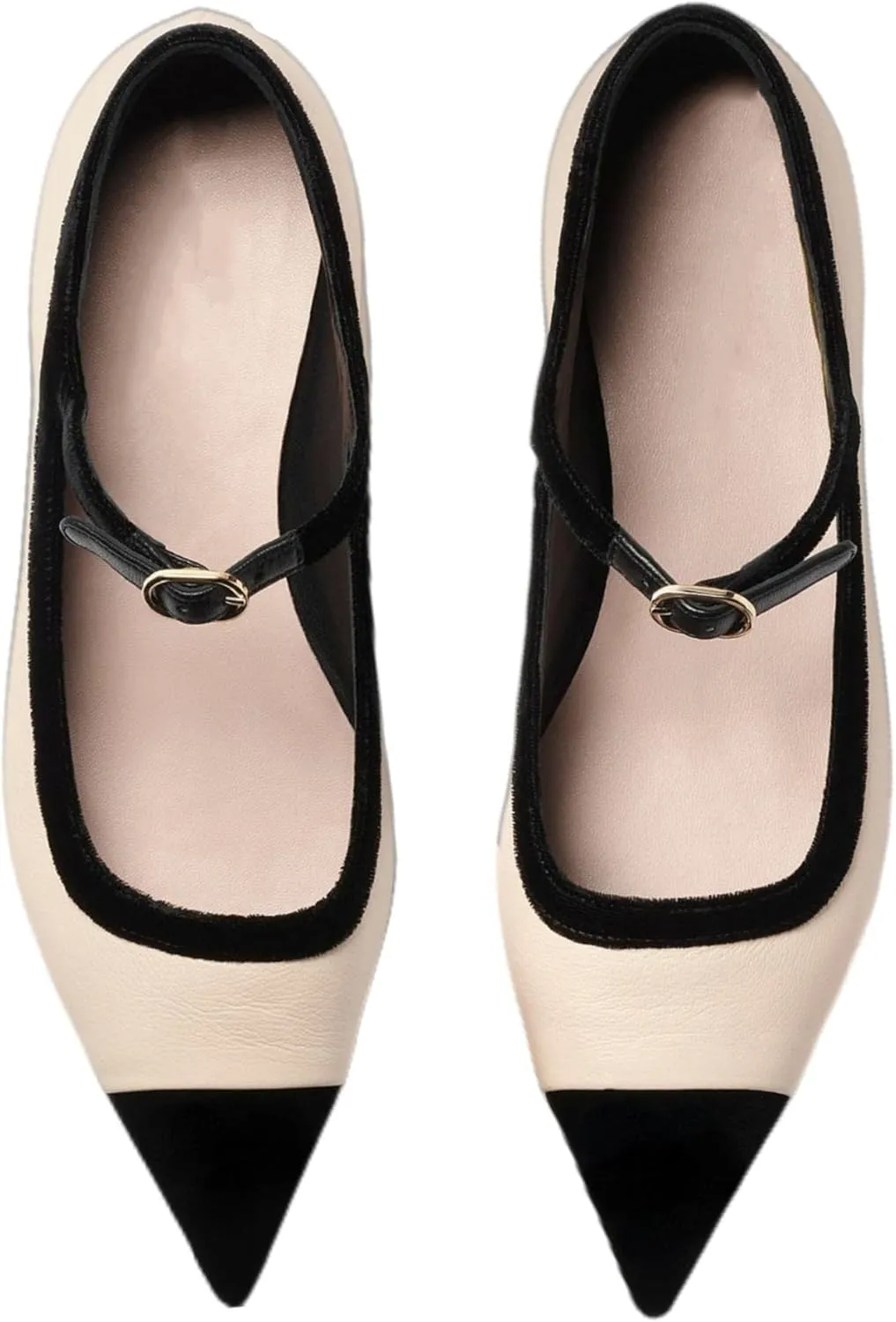 Women’s Mary Jane Flats Shoes Two Tone Splicing Suede Pointed Toe Pumps Buckle Ballet Flat