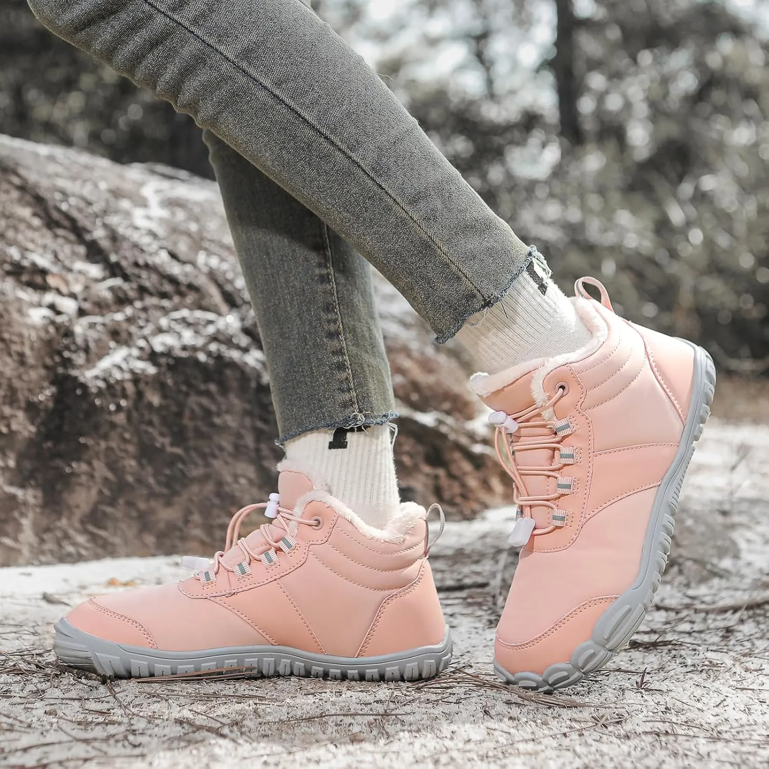 Womens Mens Barefoot Snow Boots, Soft Plush Lined Waterproof Hiking Shoes, Wide Toe Box Ankle Boots, Lightweight Outdoor Walking Anti-slip Winter Warm Sneakers