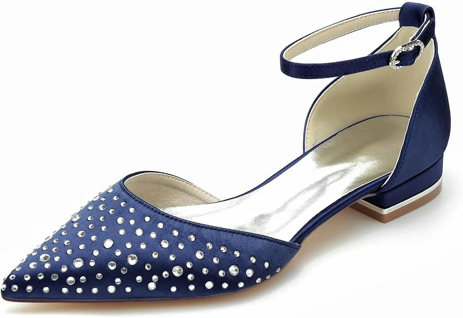 Women's Pointed Closed Toe Satin Wedding Flats for Bride Shoes with Ankle Buckle Strap Crystals Prom Party Pumps Sandals