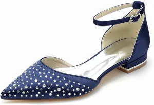 Women's Pointed Closed Toe Satin Wedding Flats for Bride Shoes with Ankle Buckle Strap Crystals Prom Party Pumps Sandals