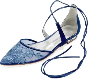 Women's Pointed Toe Applique Wedding Flats for Bride Comfortable Satin Wedding Shoes Low Heels Bridal Flats Evening Prom Party Dress Shoes Pumps