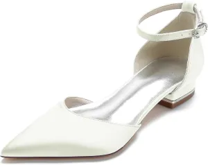 Women's Pointed Toe Bridal Pumps Satin Flats Ankle Strap Wedding Flats Prom Evening Party Dress Pumps for Bride