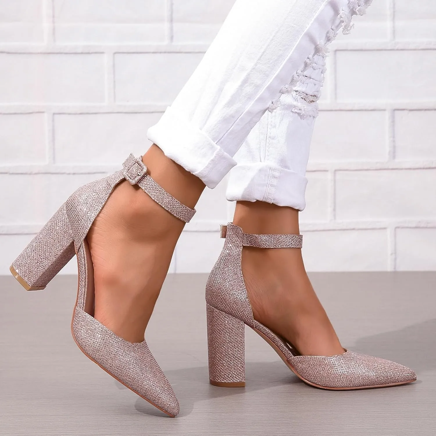 Women's Pointed Toe High Heels Pump Shoes Suede Closed Toe Ankle Strap Wedding Evening Party Dress Shoes