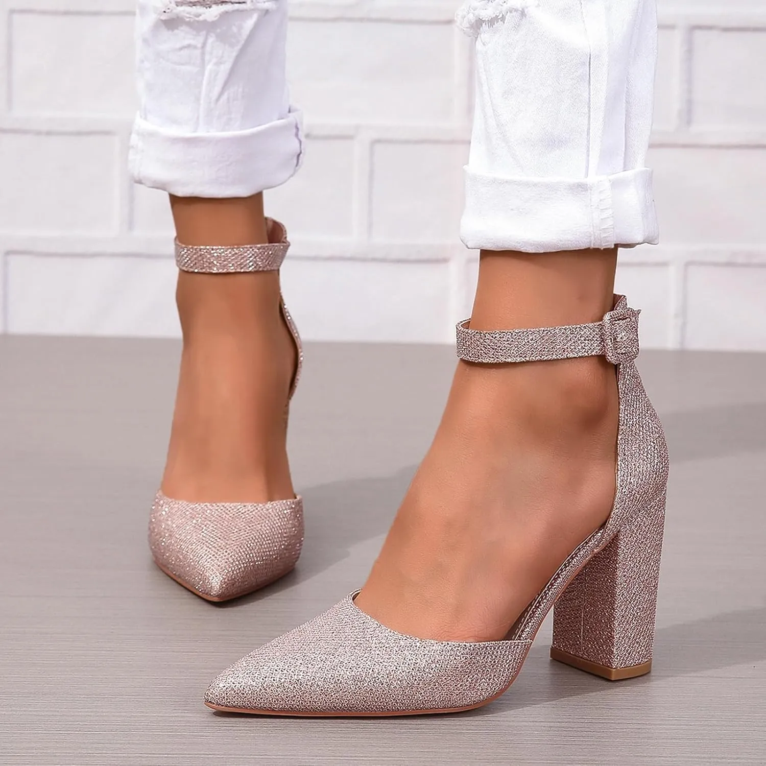 Women's Pointed Toe High Heels Pump Shoes Suede Closed Toe Ankle Strap Wedding Evening Party Dress Shoes