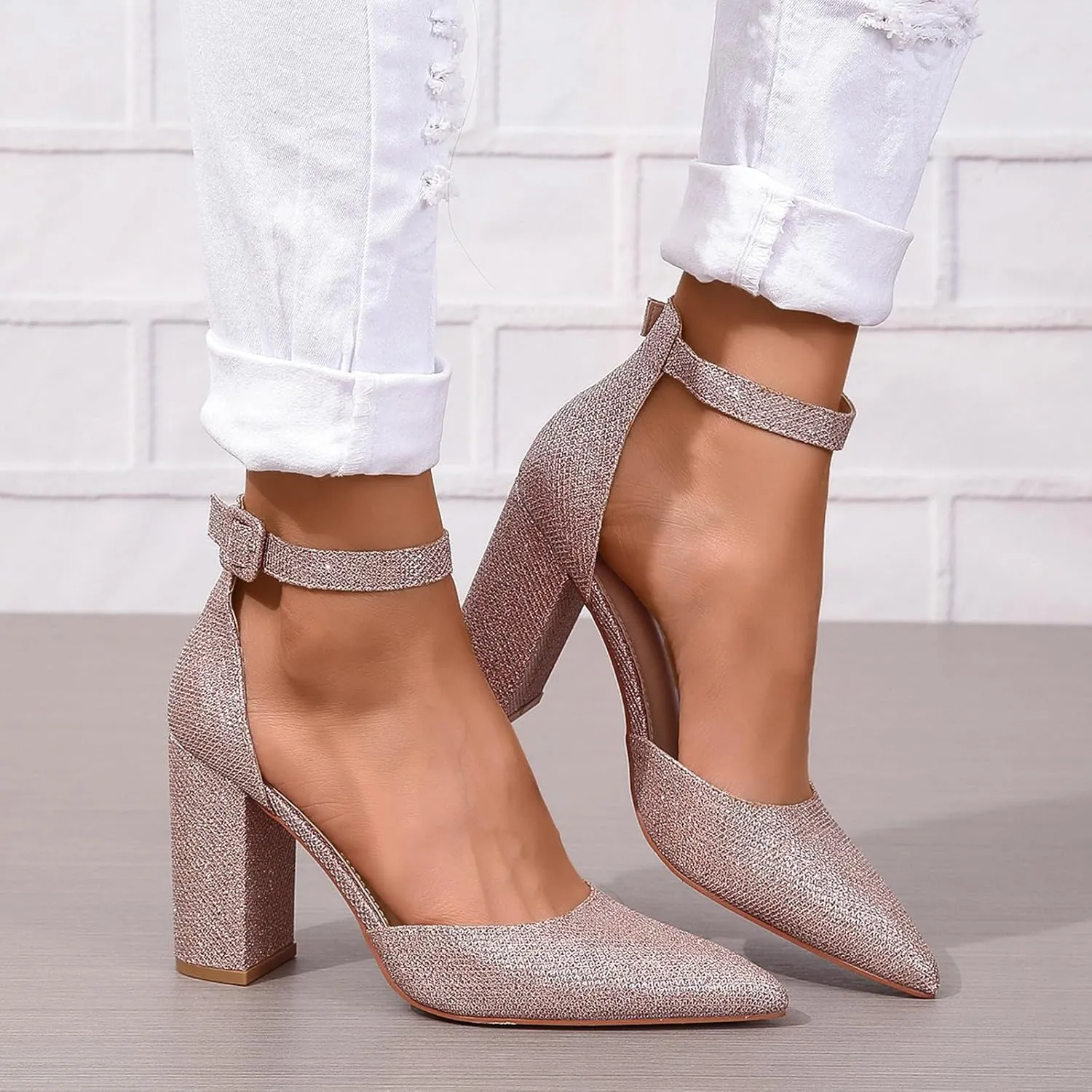 Women's Pointed Toe High Heels Pump Shoes Suede Closed Toe Ankle Strap Wedding Evening Party Dress Shoes