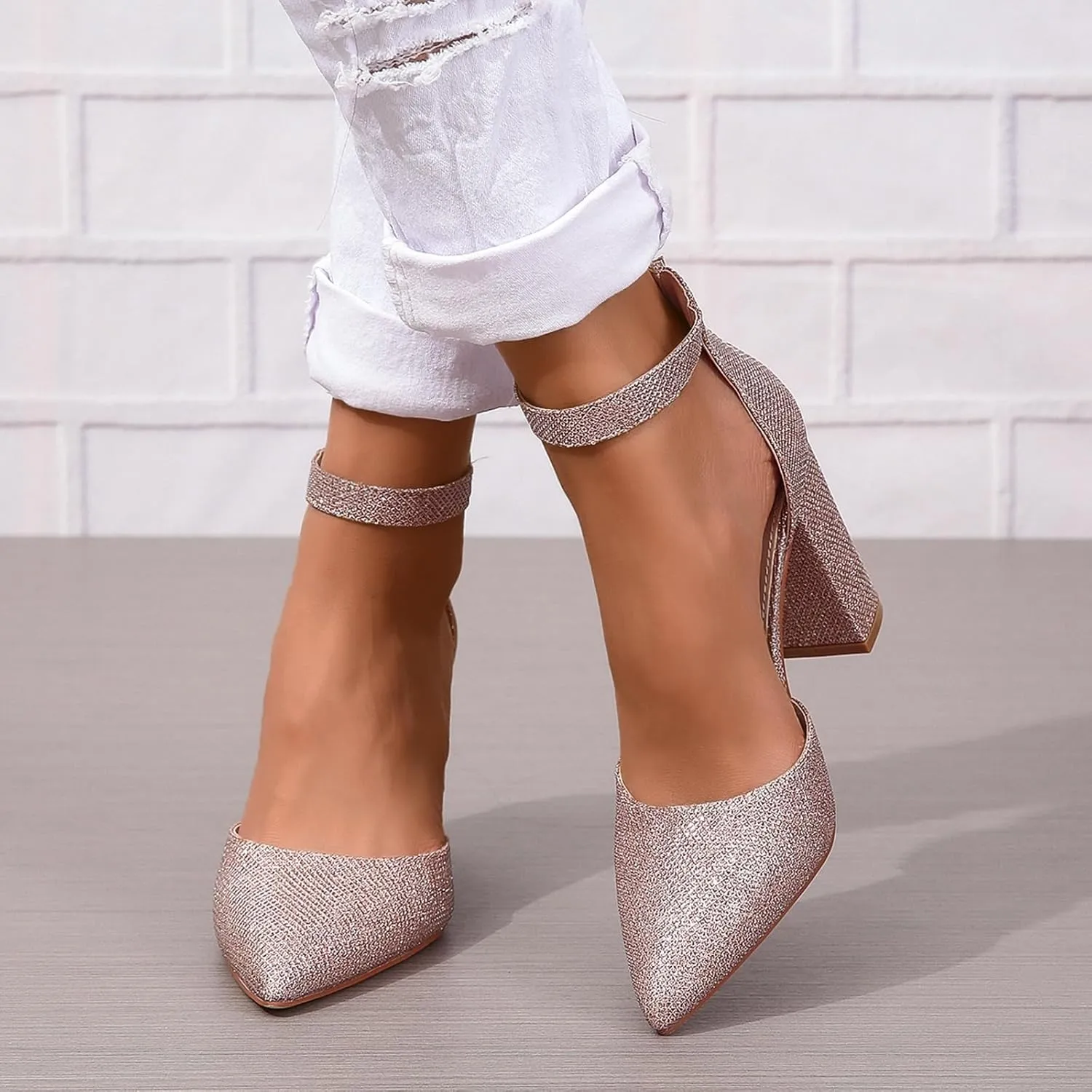 Women's Pointed Toe High Heels Pump Shoes Suede Closed Toe Ankle Strap Wedding Evening Party Dress Shoes