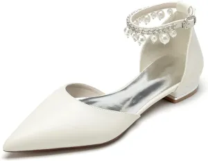 Women's Pointed Toe Pearl Wedding Flats for Bride Comfortable White Wedding Shoes Low Heels Ankle Strap Bridal Flats Formal Evening Party Dress Shoes Pumps