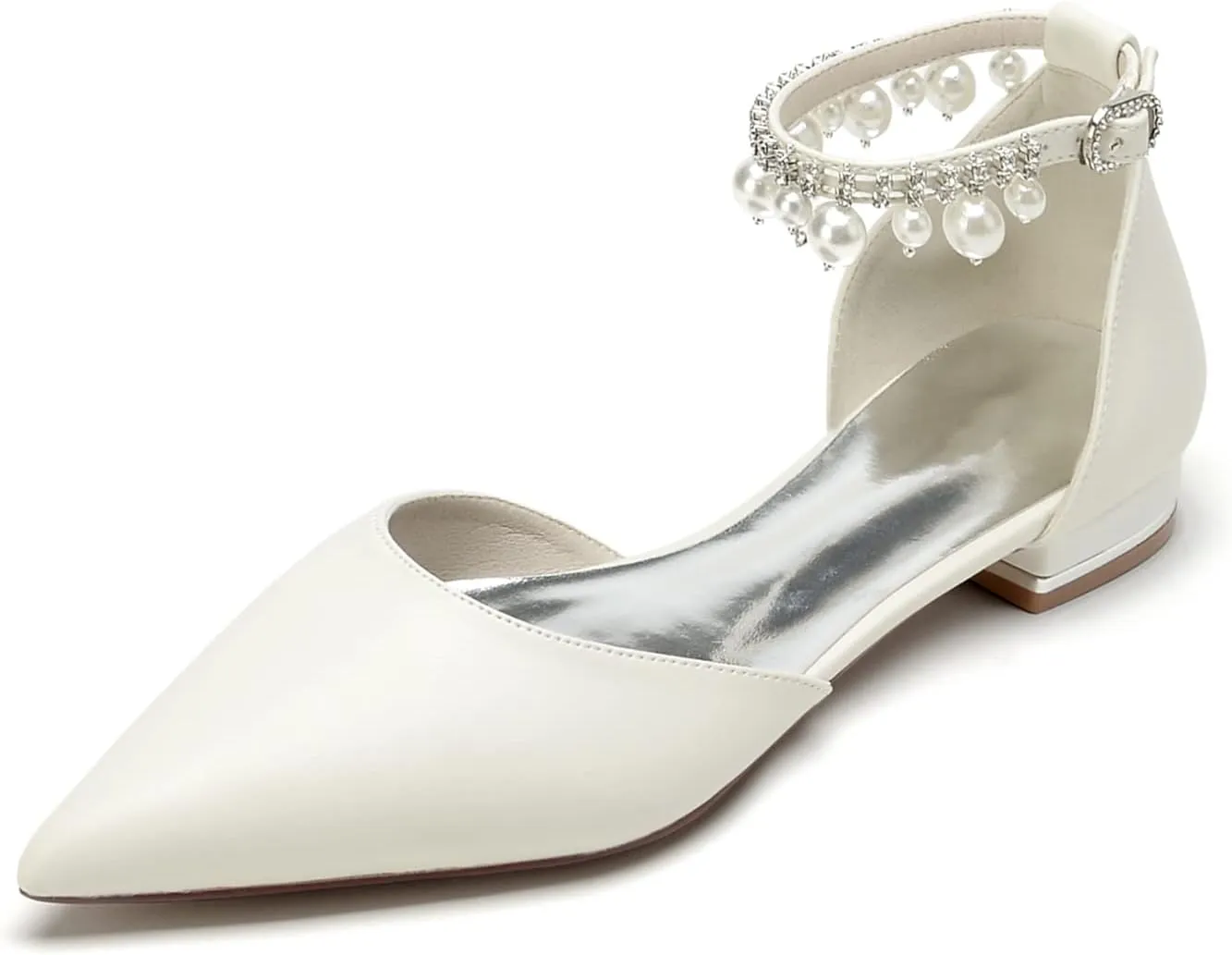 Women's Pointed Toe Pearl Wedding Flats for Bride Comfortable White Wedding Shoes Low Heels Ankle Strap Bridal Flats Formal Evening Party Dress Shoes Pumps