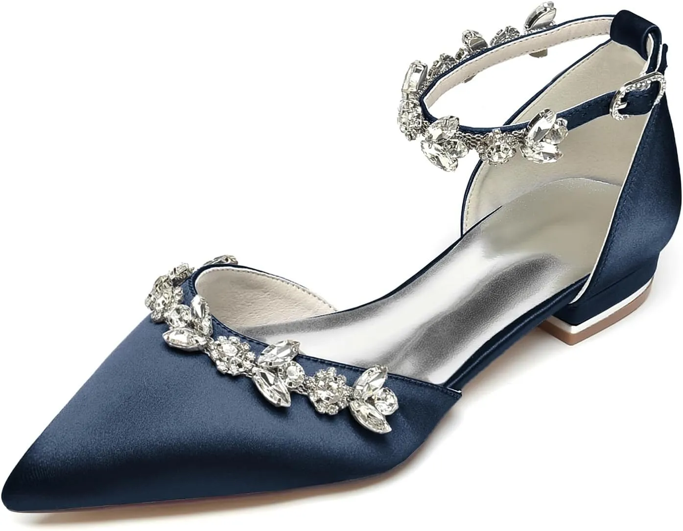 Women's Pointed Toe Satin Wedding Flats for Bride Comfortable Rhinestones Bridal Shoes Evening Prom Party Dress Shoes Pumps 18448-46M