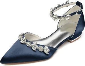 Women's Pointed Toe Satin Wedding Flats for Bride Comfortable Rhinestones Bridal Shoes Evening Prom Party Dress Shoes Pumps 18448-46M