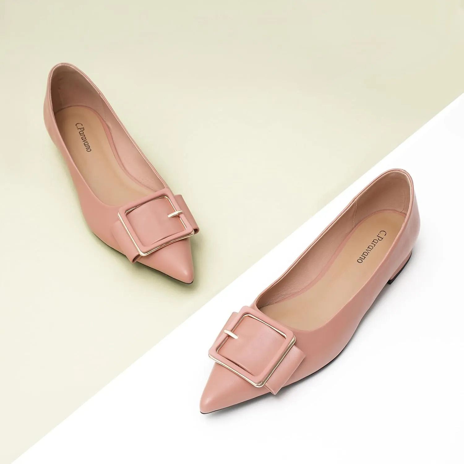 Women's Pointed Toe Square Buckle Flats Elegant Slip-On Ballet Flats Comfortable Dressy Shoes for Work Party Daily Wear