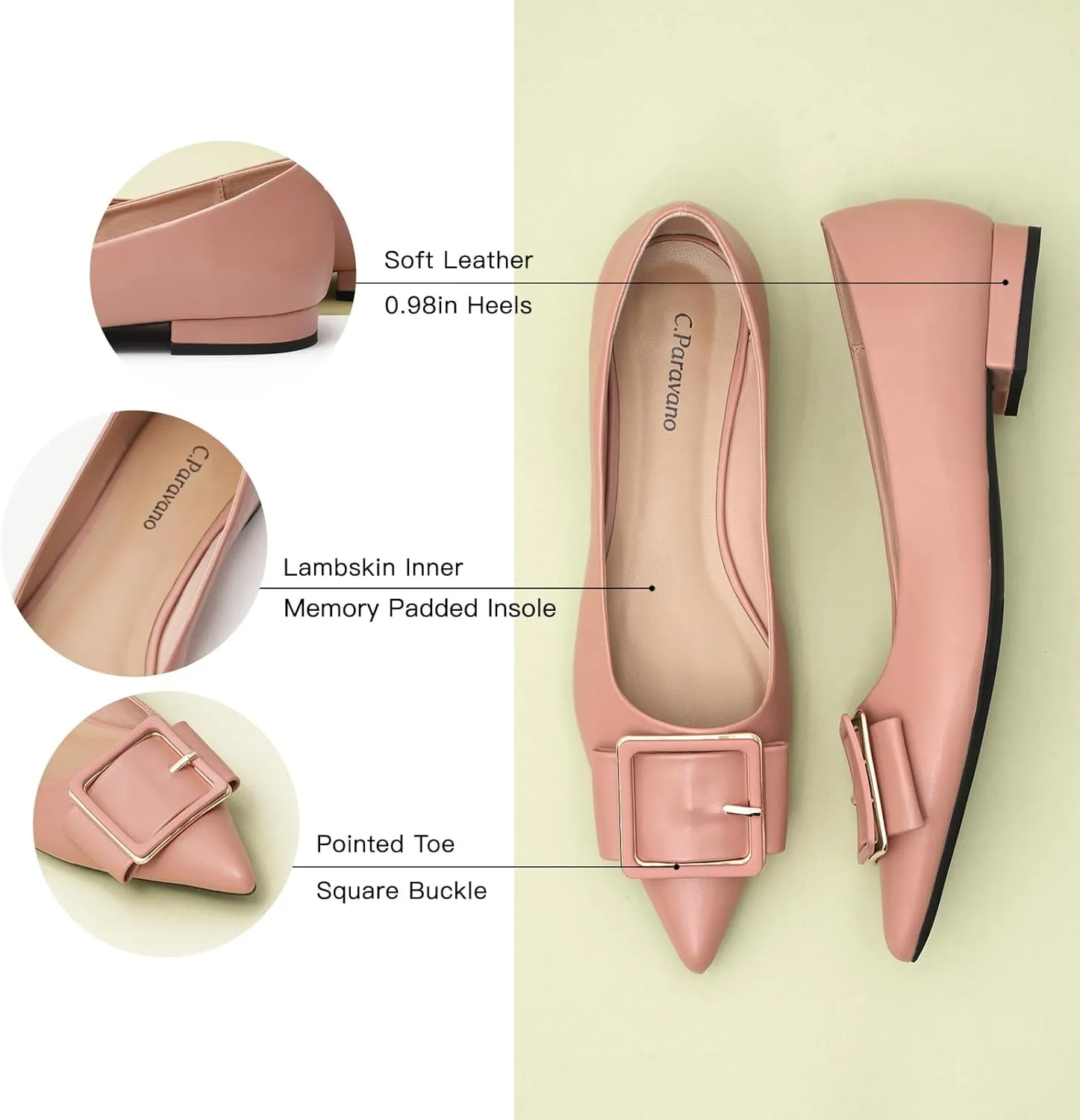 Women's Pointed Toe Square Buckle Flats Elegant Slip-On Ballet Flats Comfortable Dressy Shoes for Work Party Daily Wear