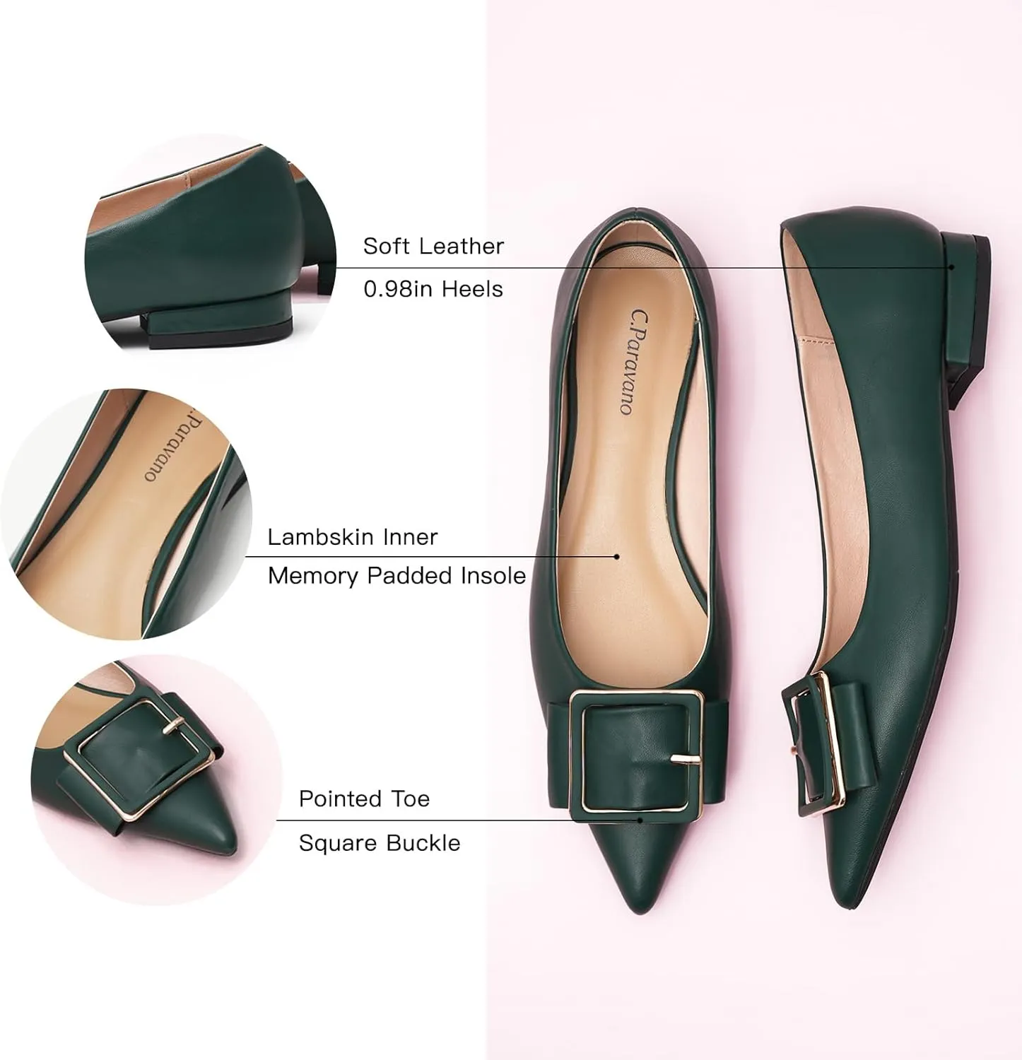 Women's Pointed Toe Square Buckle Flats Elegant Slip-On Ballet Flats Comfortable Dressy Shoes for Work Party Daily Wear