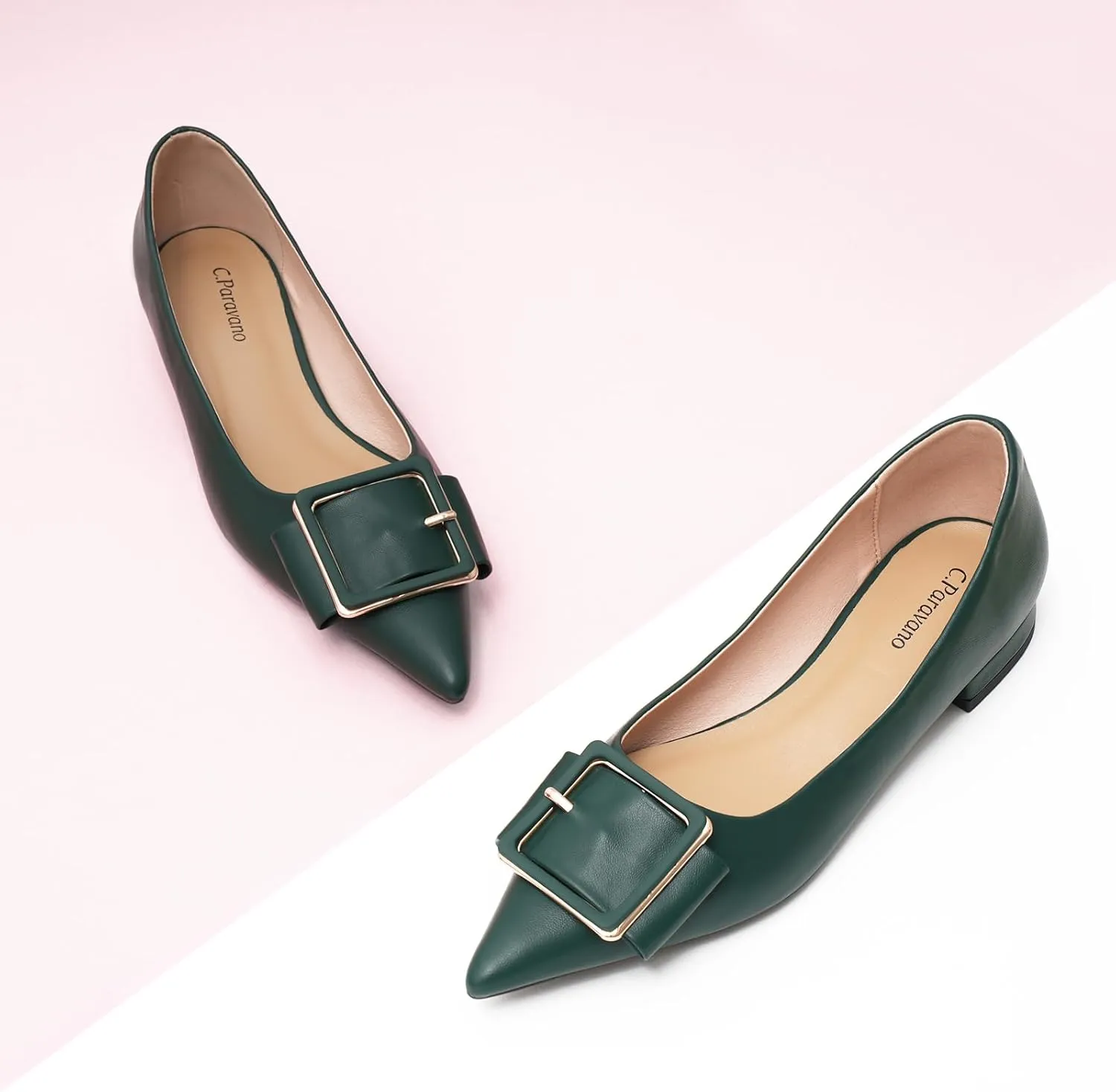 Women's Pointed Toe Square Buckle Flats Elegant Slip-On Ballet Flats Comfortable Dressy Shoes for Work Party Daily Wear