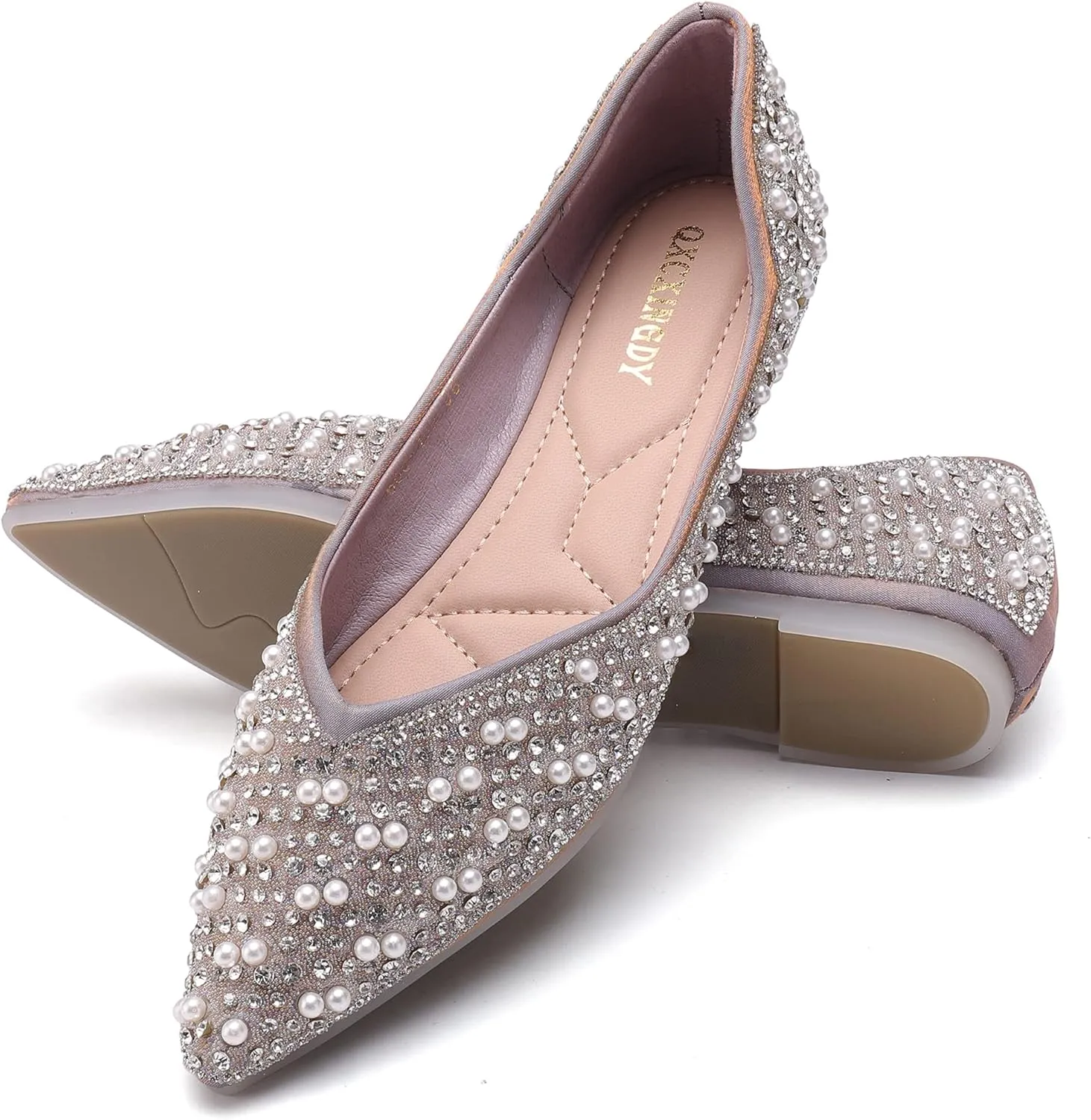 Women's Rhinestone Flats Fashion Pointed Toe Pearl Diamond Low Heel Dress Wedding Flats Work Business Dance Ballet Flats