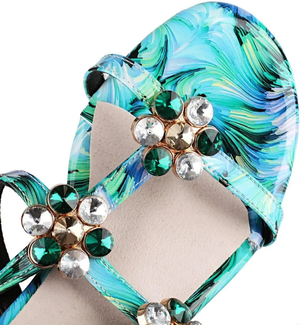 Womens Rhinestone Gladiator Sandals - Summer Wedding Flat Sandals With Buckle & Bohemian Style