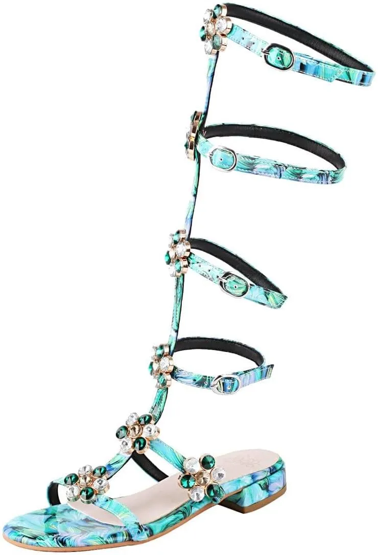 Womens Rhinestone Gladiator Sandals - Summer Wedding Flat Sandals With Buckle & Bohemian Style