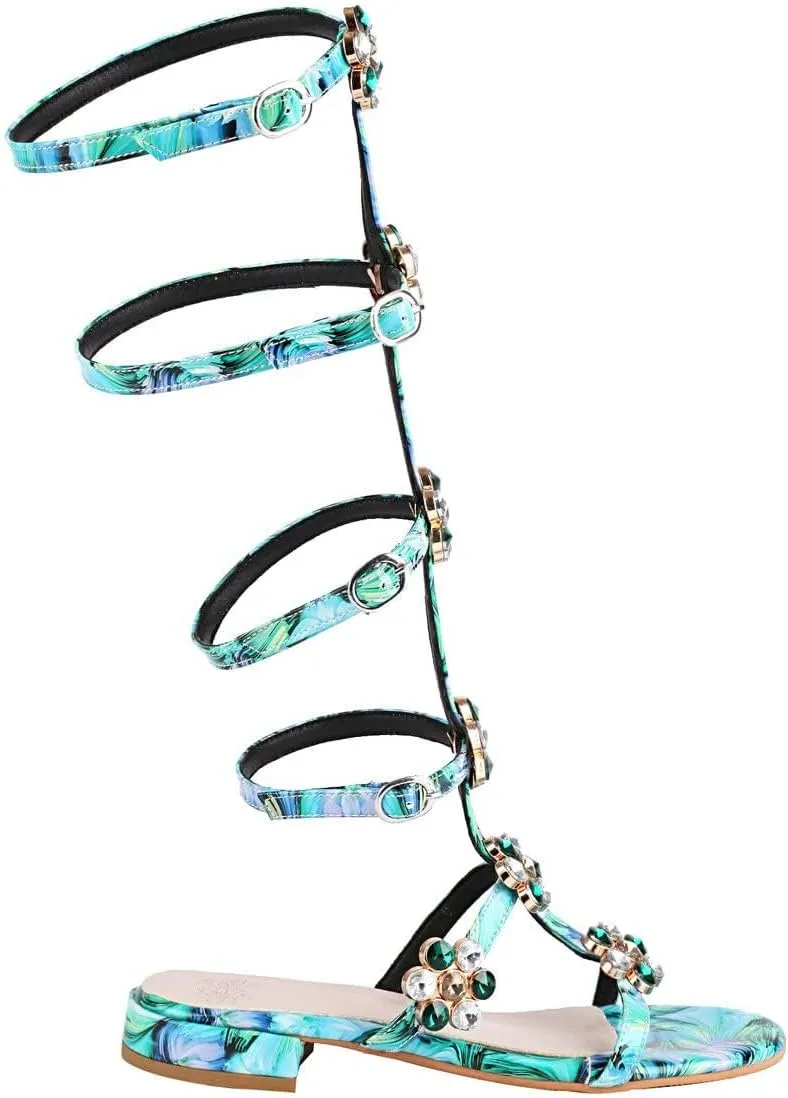 Womens Rhinestone Gladiator Sandals - Summer Wedding Flat Sandals With Buckle & Bohemian Style