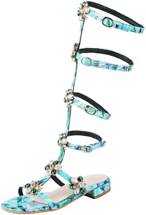 Womens Rhinestone Gladiator Sandals - Summer Wedding Flat Sandals With Buckle & Bohemian Style