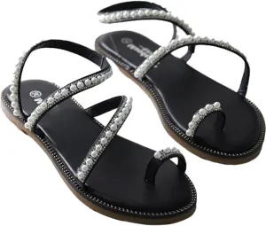 Women's Ring Toe Pearl Strappy Flat Sandals Beaded Ankle Strap Toe Ring Summer Sandal,Wedding Shoe for Oceanside Holiday