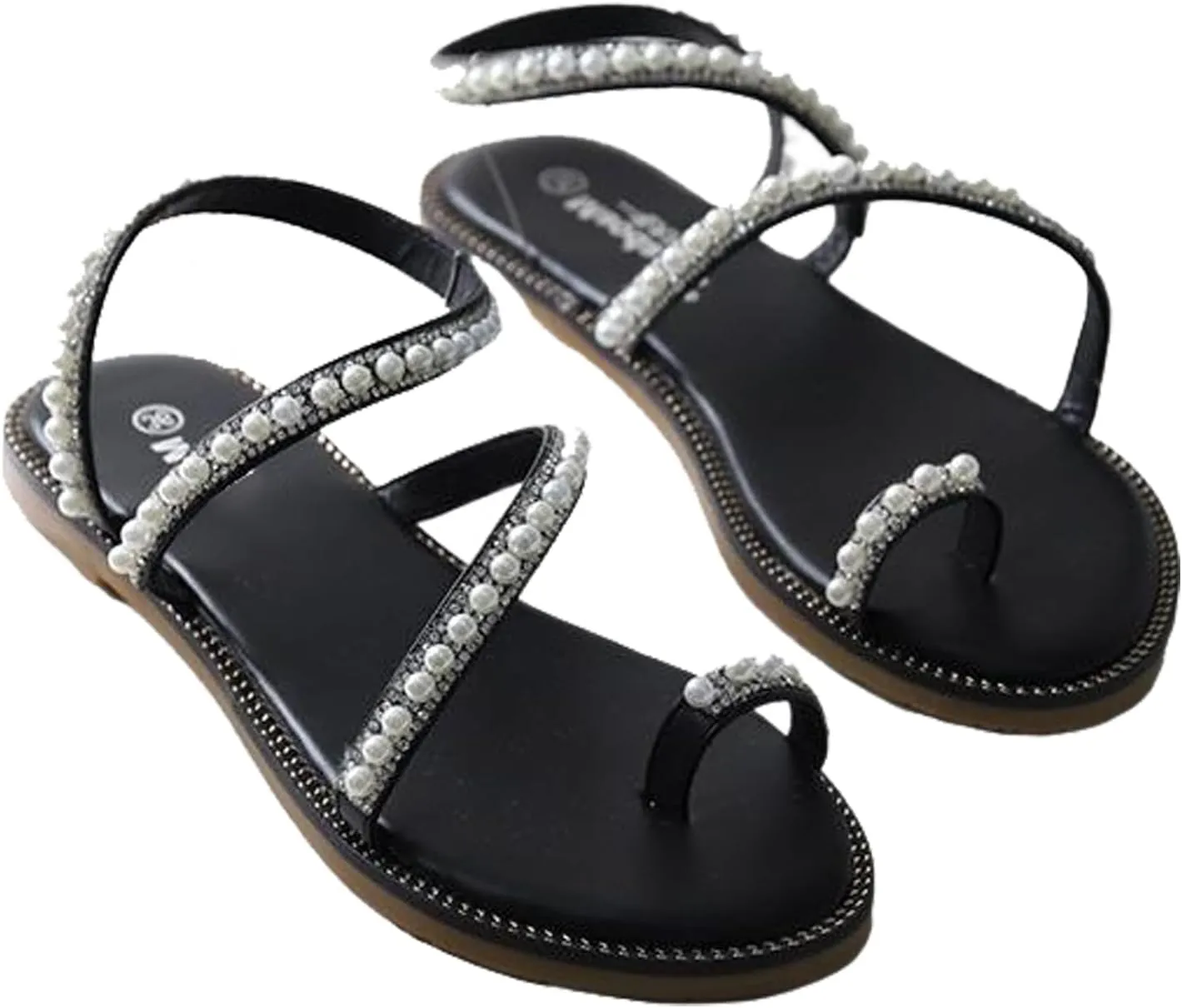 Women's Ring Toe Pearl Strappy Flat Sandals Beaded Ankle Strap Toe Ring Summer Sandal,Wedding Shoe for Oceanside Holiday