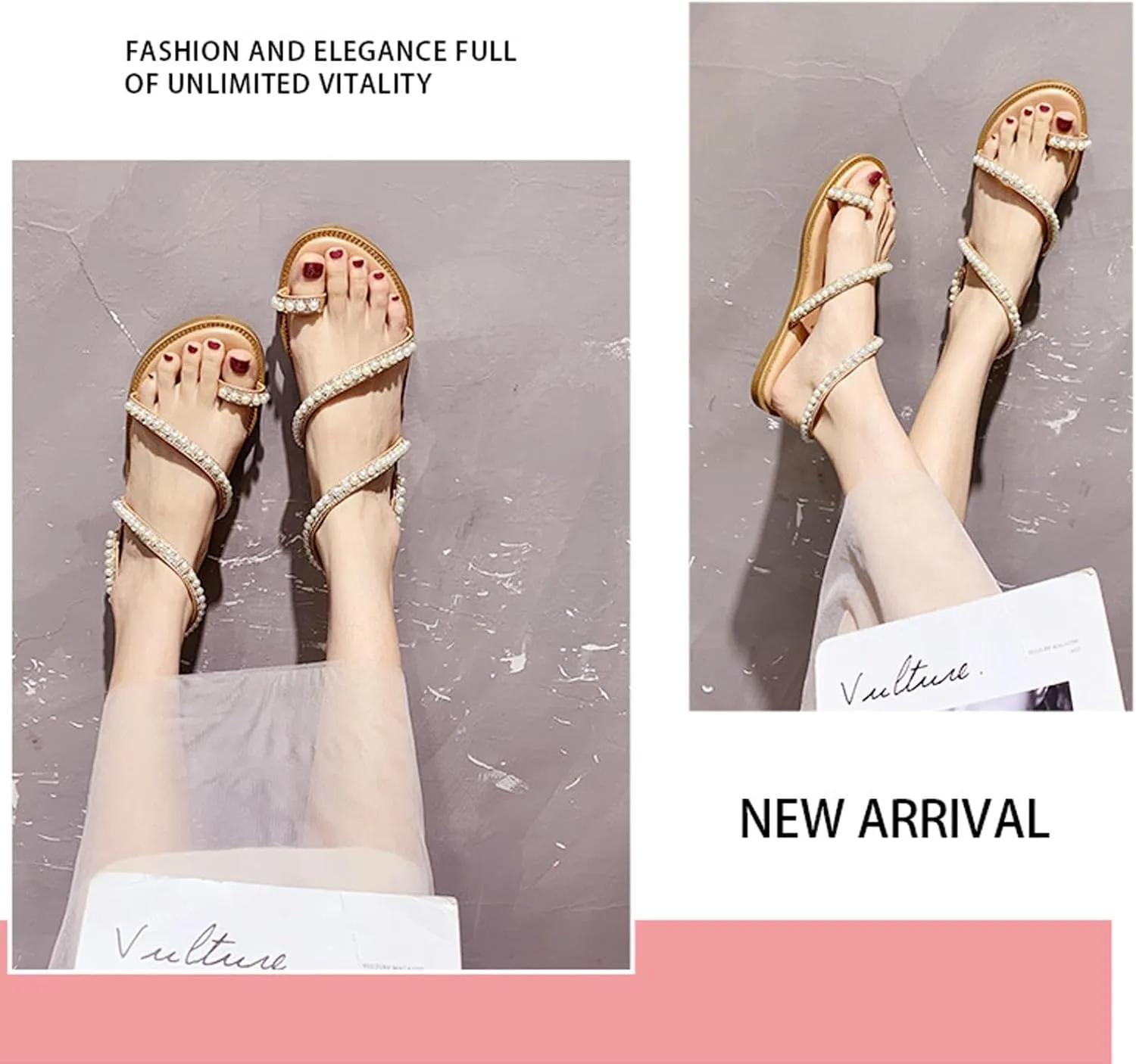 Women's Ring Toe Pearl Strappy Flat Sandals Beaded Ankle Strap Toe Ring Summer Sandal,Wedding Shoe for Oceanside Holiday