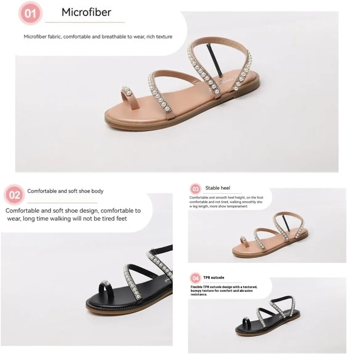 Women's Ring Toe Pearl Strappy Flat Sandals Beaded Ankle Strap Toe Ring Summer Sandal,Wedding Shoe for Oceanside Holiday