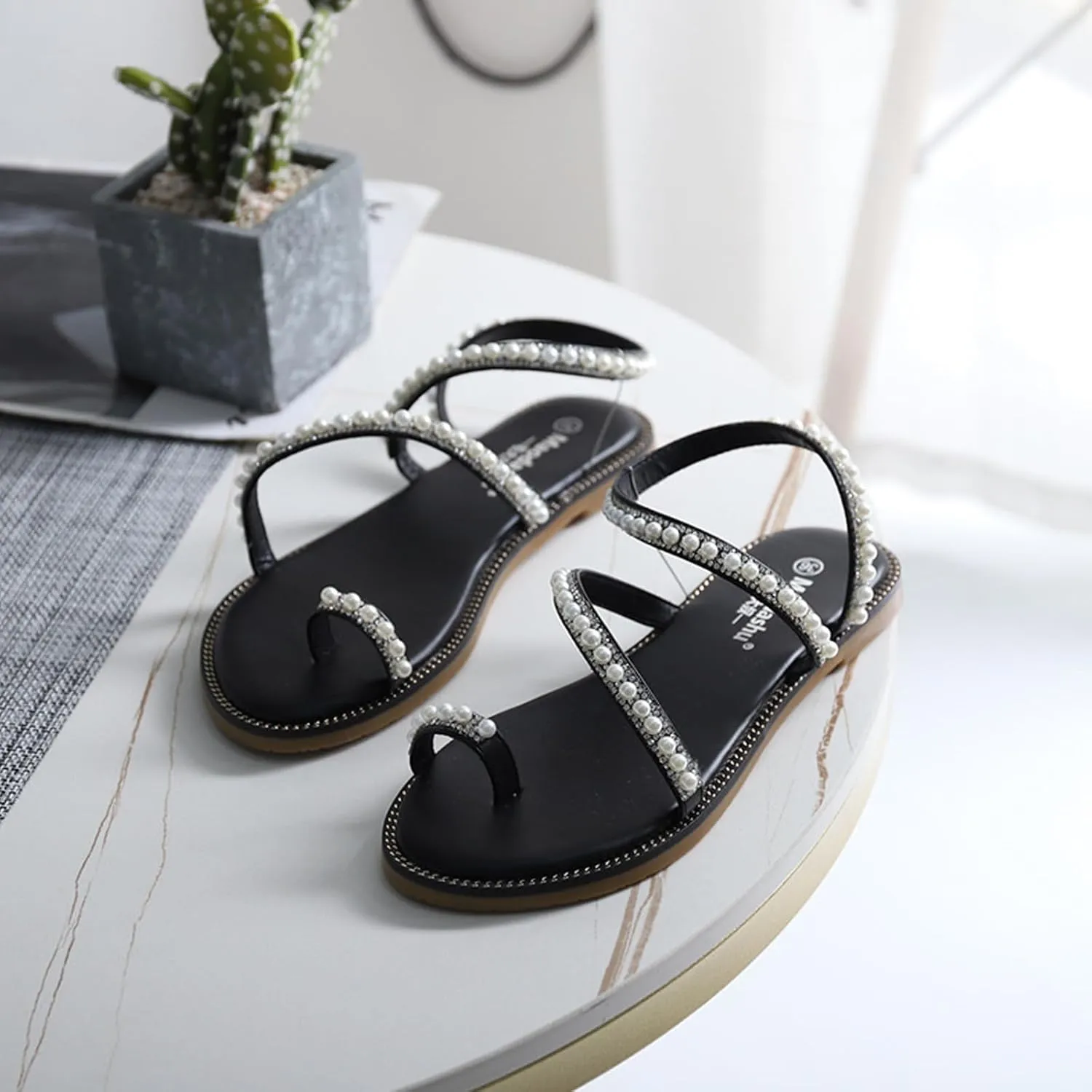 Women's Ring Toe Pearl Strappy Flat Sandals Beaded Ankle Strap Toe Ring Summer Sandal,Wedding Shoe for Oceanside Holiday