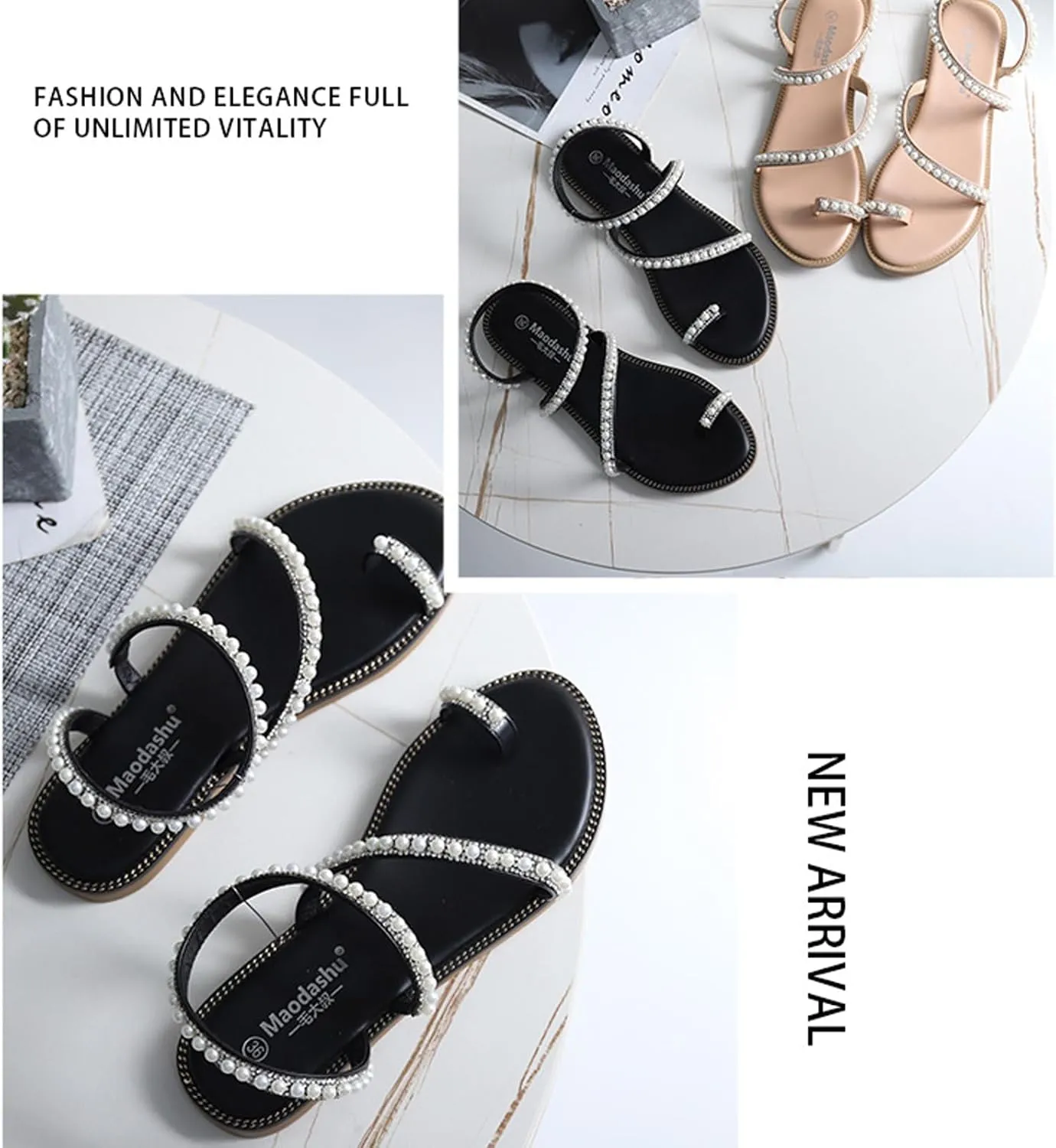 Women's Ring Toe Pearl Strappy Flat Sandals Beaded Ankle Strap Toe Ring Summer Sandal,Wedding Shoe for Oceanside Holiday