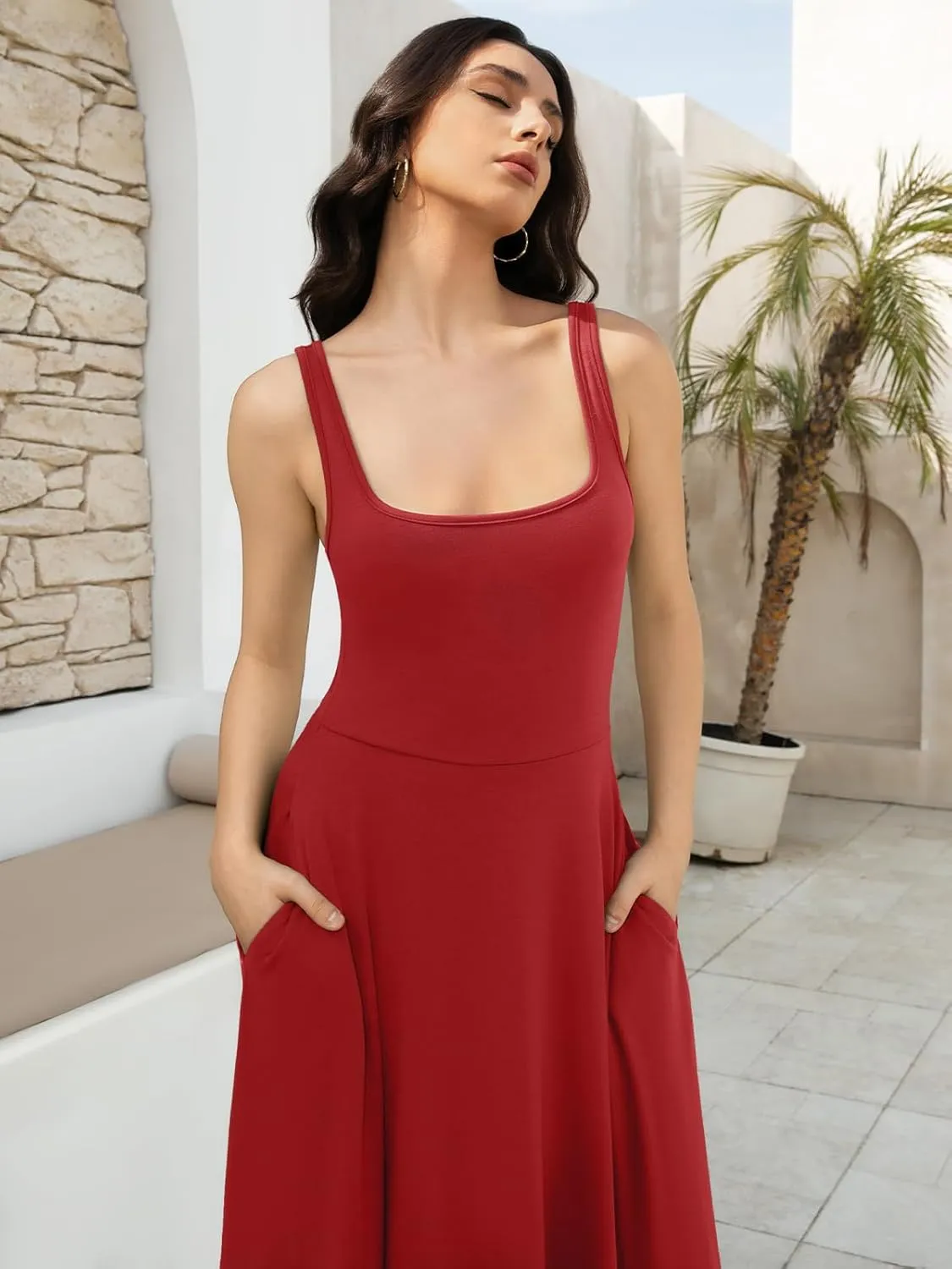 Women's Sleeveless Summer Dress Scoop Neck Casual Loose Flowy Midi Sundresses Tank Fit & Flare Beach Vacation Dress