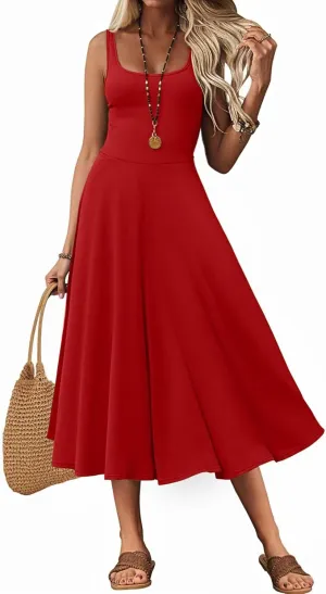 Women's Sleeveless Summer Dress Scoop Neck Casual Loose Flowy Midi Sundresses Tank Fit & Flare Beach Vacation Dress