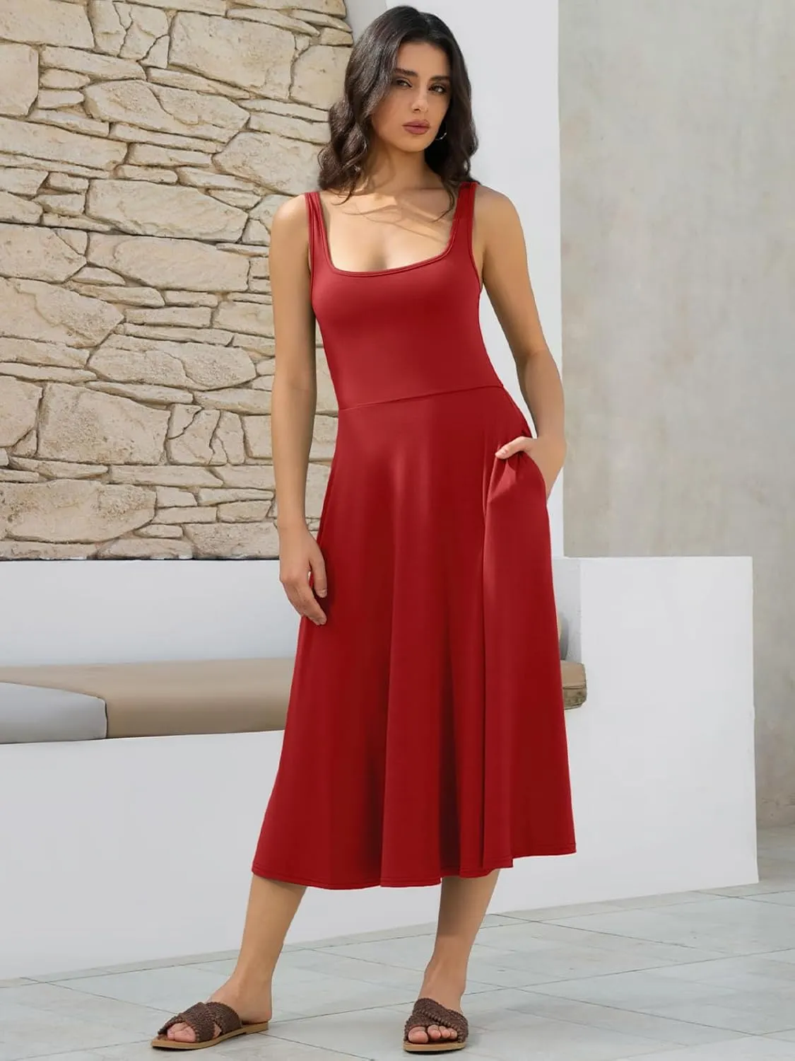 Women's Sleeveless Summer Dress Scoop Neck Casual Loose Flowy Midi Sundresses Tank Fit & Flare Beach Vacation Dress