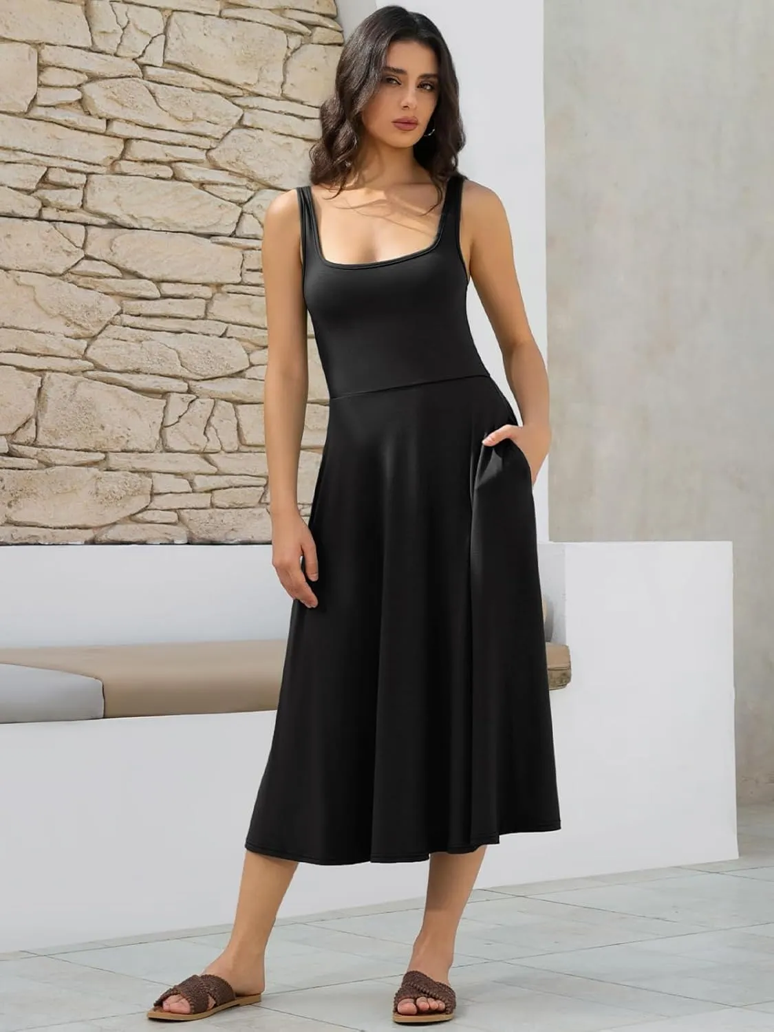 Women's Sleeveless Summer Dress Scoop Neck Casual Loose Flowy Midi Sundresses Tank Fit & Flare Beach Vacation Dress