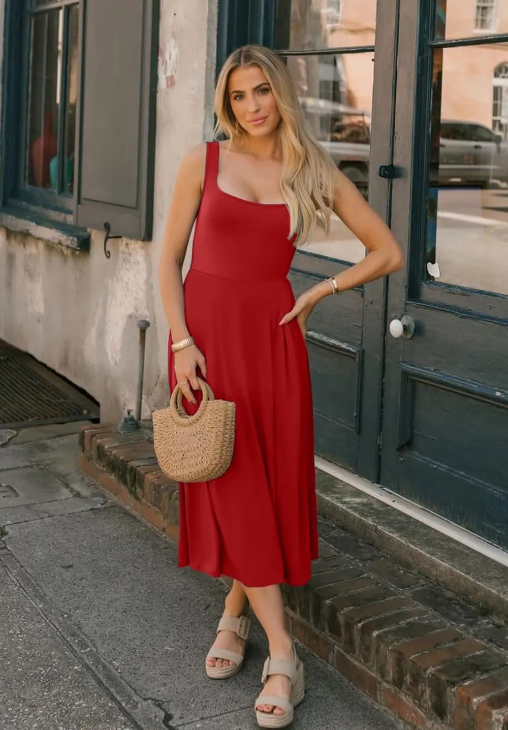 Women's Sleeveless Summer Dress Scoop Neck Casual Loose Flowy Midi Sundresses Tank Fit & Flare Beach Vacation Dress