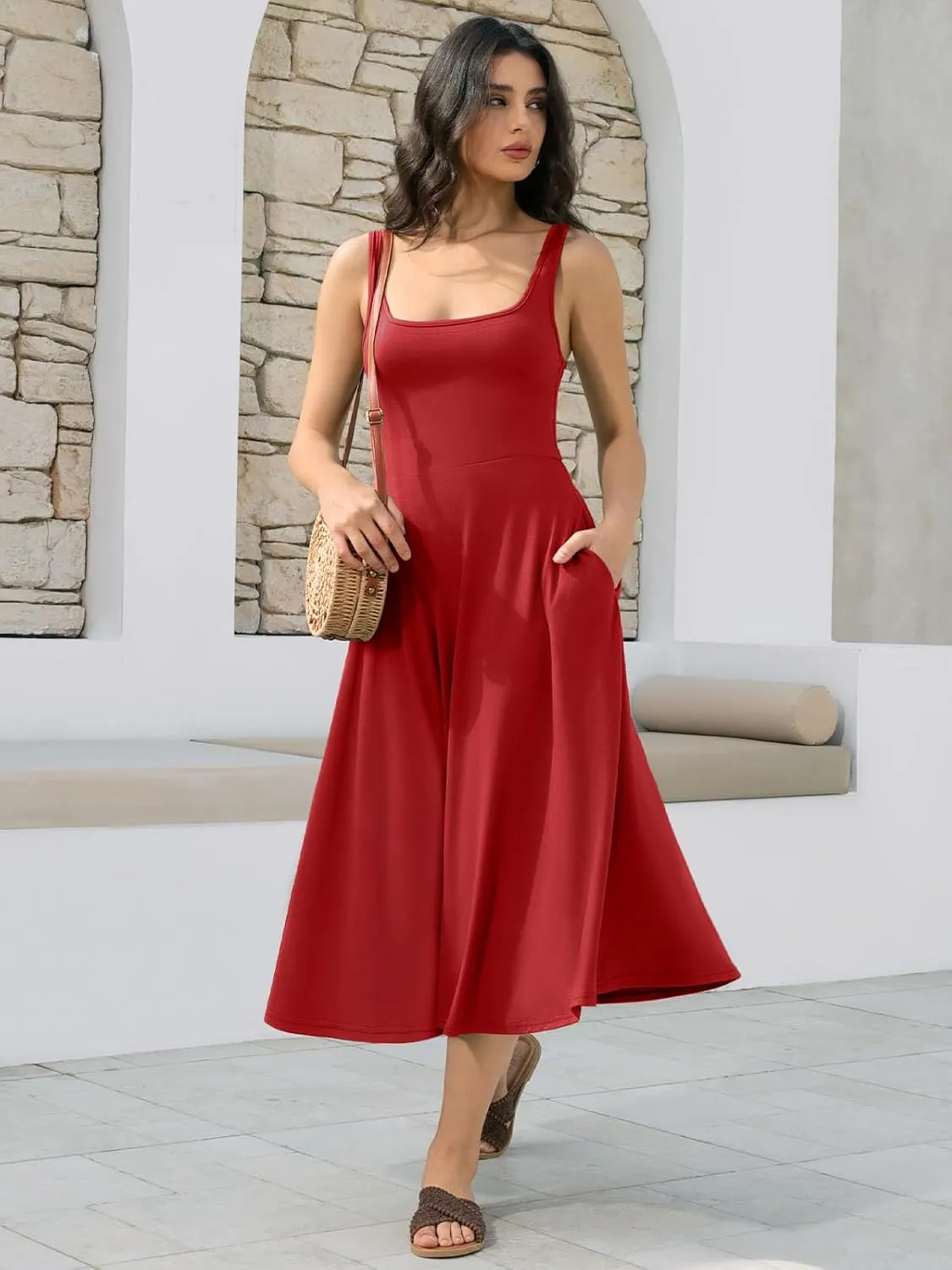 Women's Sleeveless Summer Dress Scoop Neck Casual Loose Flowy Midi Sundresses Tank Fit & Flare Beach Vacation Dress