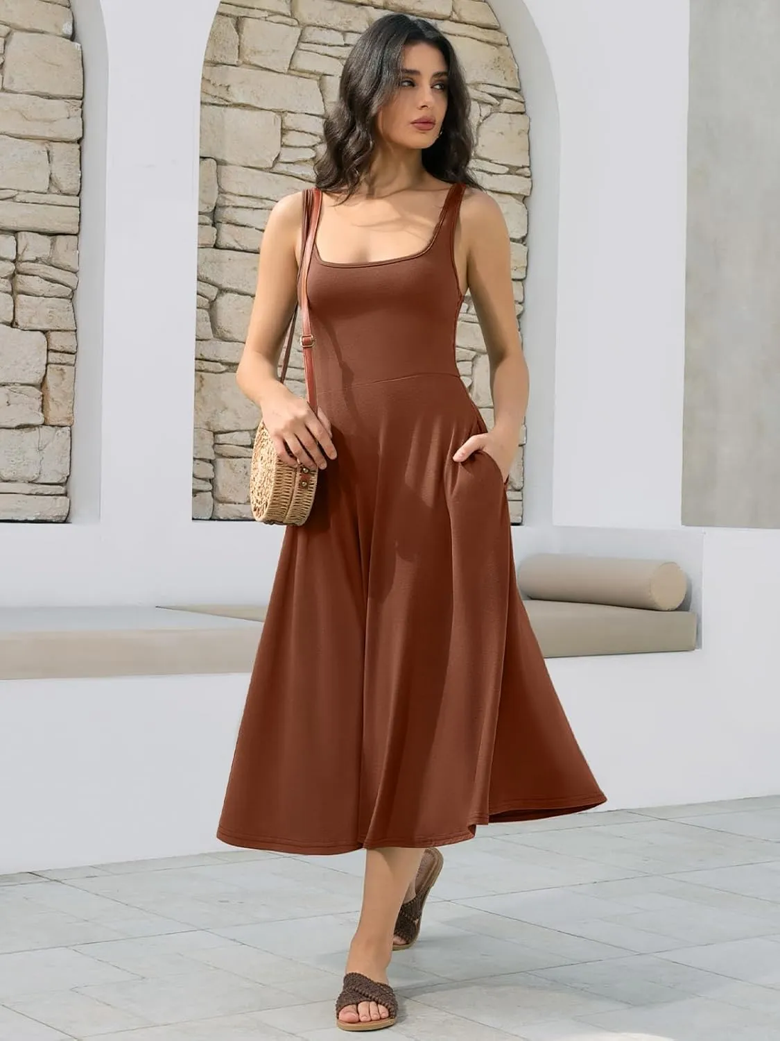 Women's Sleeveless Summer Dress Scoop Neck Casual Loose Flowy Midi Sundresses Tank Fit & Flare Beach Vacation Dress