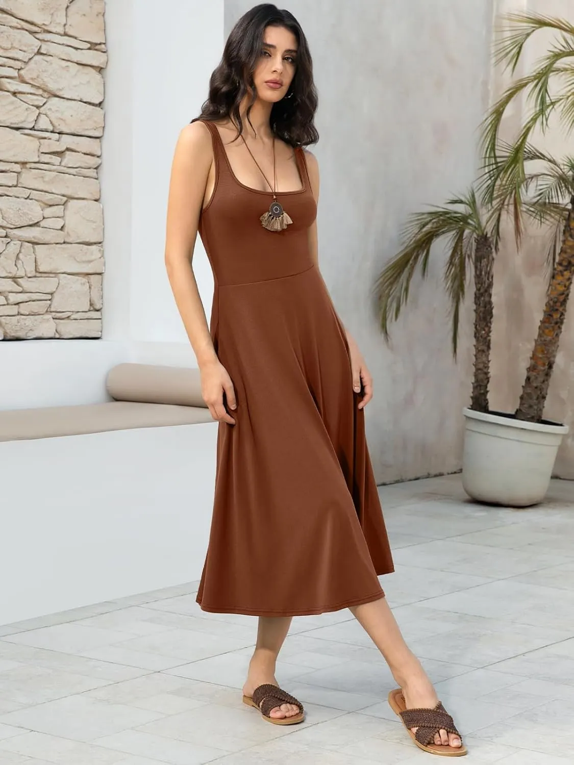 Women's Sleeveless Summer Dress Scoop Neck Casual Loose Flowy Midi Sundresses Tank Fit & Flare Beach Vacation Dress