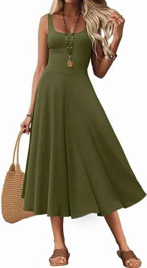 Women's Sleeveless Summer Dress Scoop Neck Casual Loose Flowy Midi Sundresses Tank Fit & Flare Beach Vacation Dress