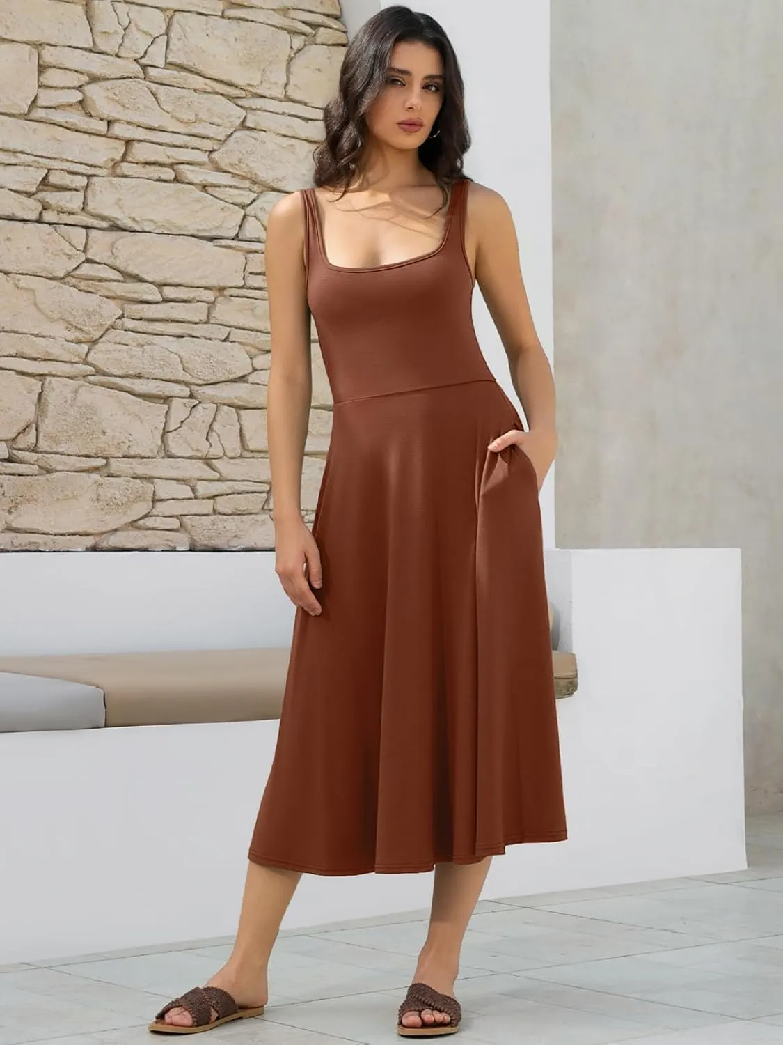 Women's Sleeveless Summer Dress Scoop Neck Casual Loose Flowy Midi Sundresses Tank Fit & Flare Beach Vacation Dress
