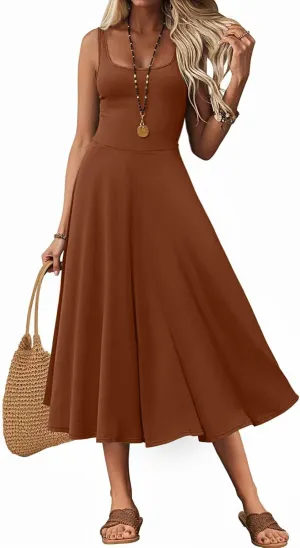 Women's Sleeveless Summer Dress Scoop Neck Casual Loose Flowy Midi Sundresses Tank Fit & Flare Beach Vacation Dress