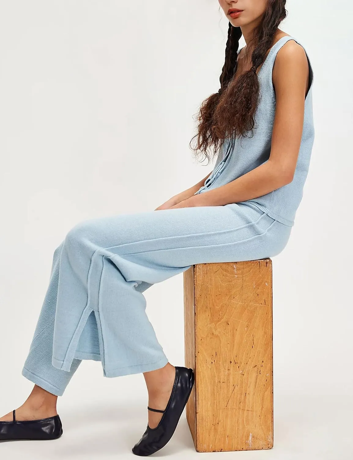 Womens Sleeveless Sweater Sets 2 Piece Outfits Knit Front Tie Top High Rise Side Slit Pants Tracksuits