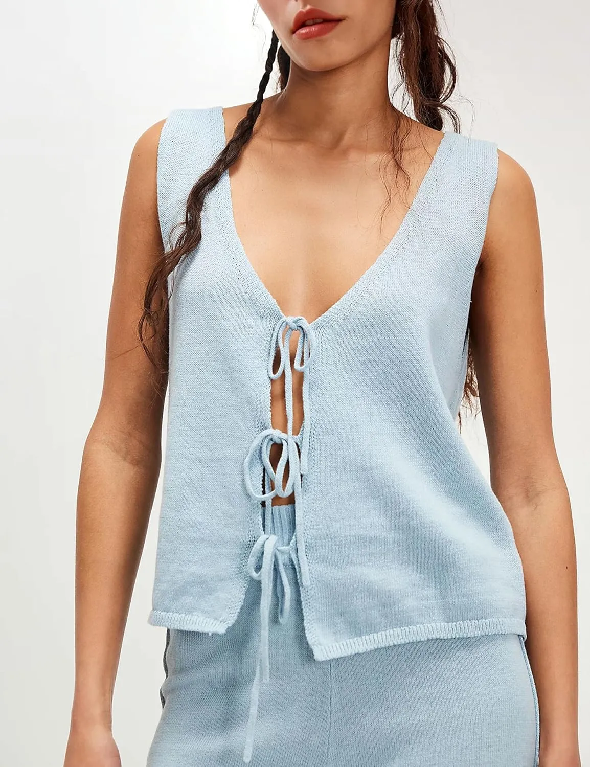 Womens Sleeveless Sweater Sets 2 Piece Outfits Knit Front Tie Top High Rise Side Slit Pants Tracksuits