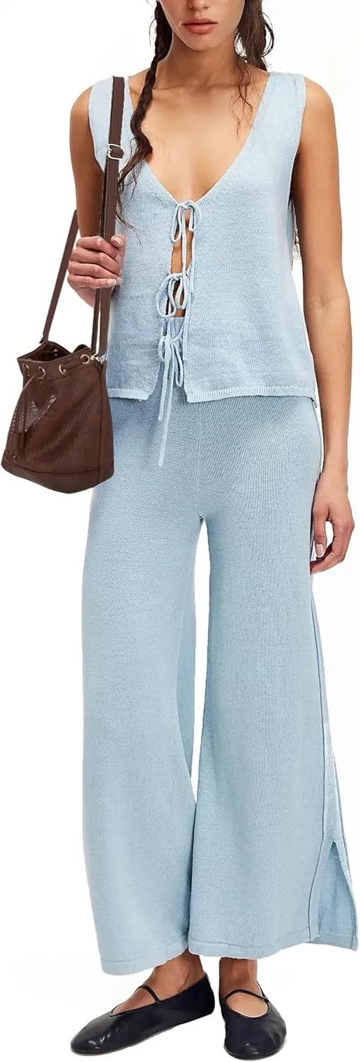 Womens Sleeveless Sweater Sets 2 Piece Outfits Knit Front Tie Top High Rise Side Slit Pants Tracksuits