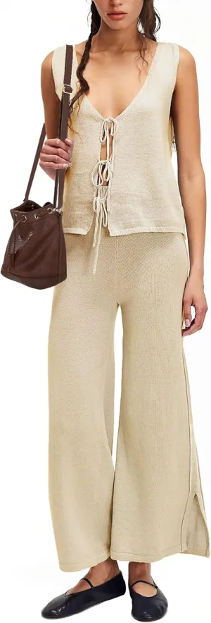 Womens Sleeveless Sweater Sets 2 Piece Outfits Knit Front Tie Top High Rise Side Slit Pants Tracksuits