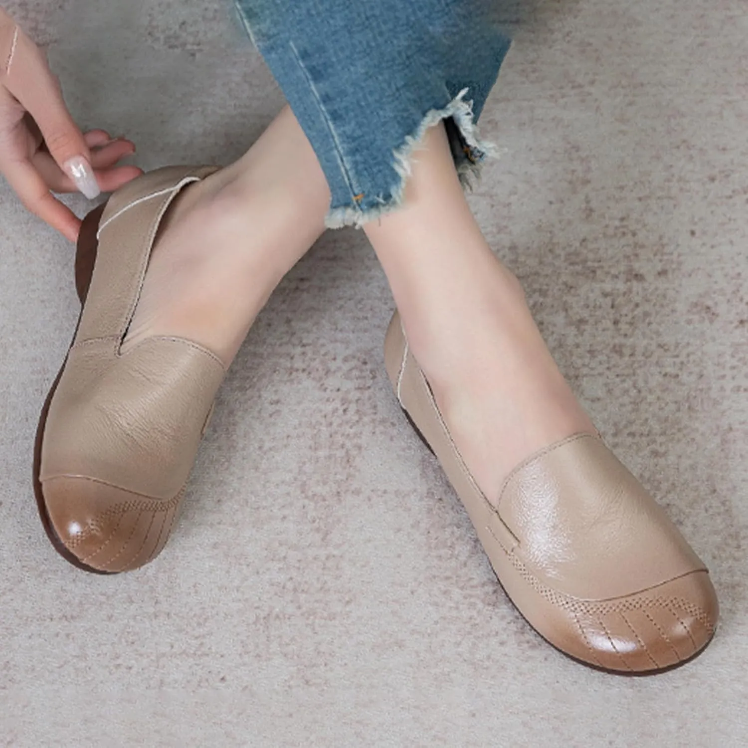 Women's Slip On Comfort Leather Dress Shoes,Spring/Fall Round Toe Non-Slip Oxford Soft Sole Casual Flat Walking Loafers