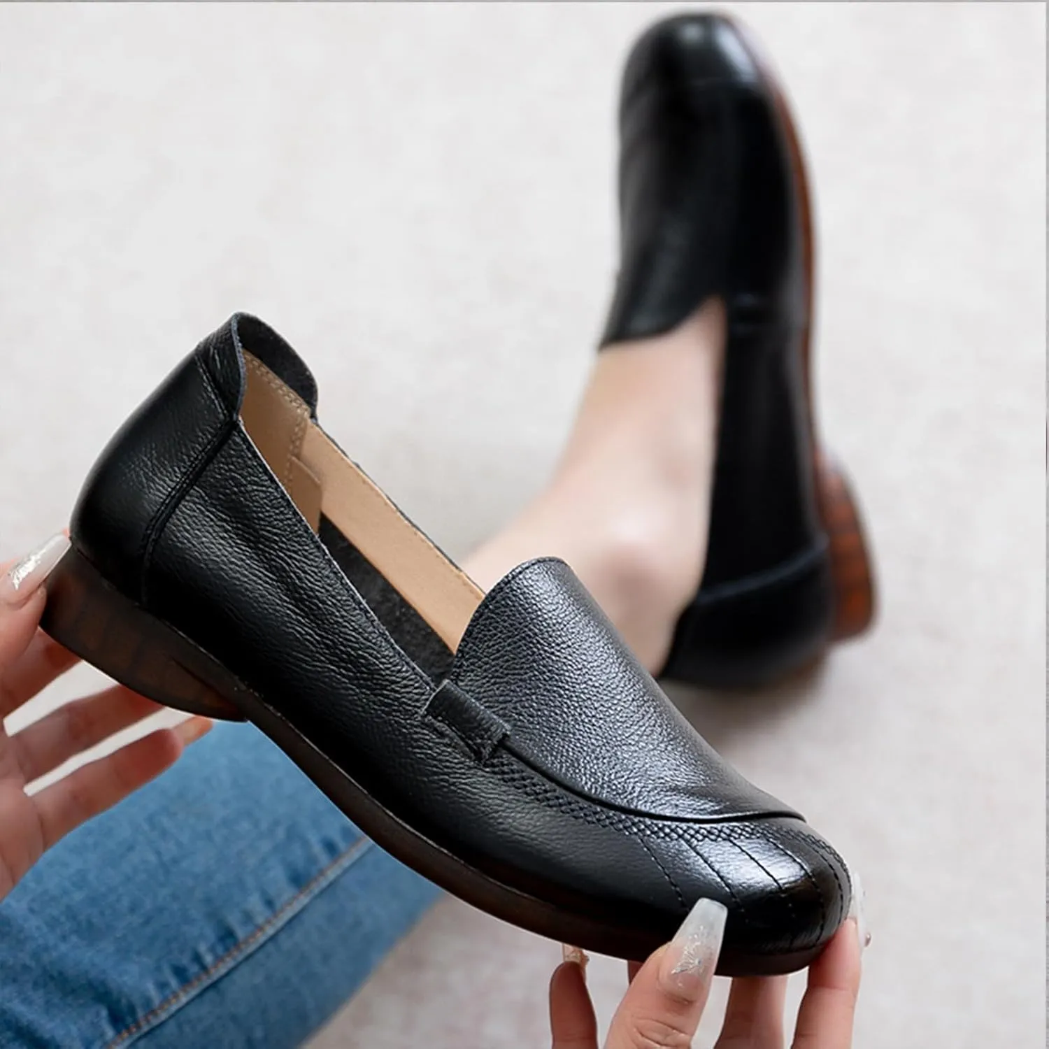 Women's Slip On Comfort Leather Dress Shoes,Spring/Fall Round Toe Non-Slip Oxford Soft Sole Casual Flat Walking Loafers