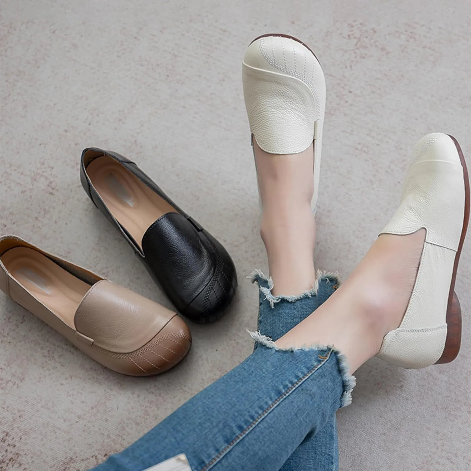 Women's Slip On Comfort Leather Dress Shoes,Spring/Fall Round Toe Non-Slip Oxford Soft Sole Casual Flat Walking Loafers