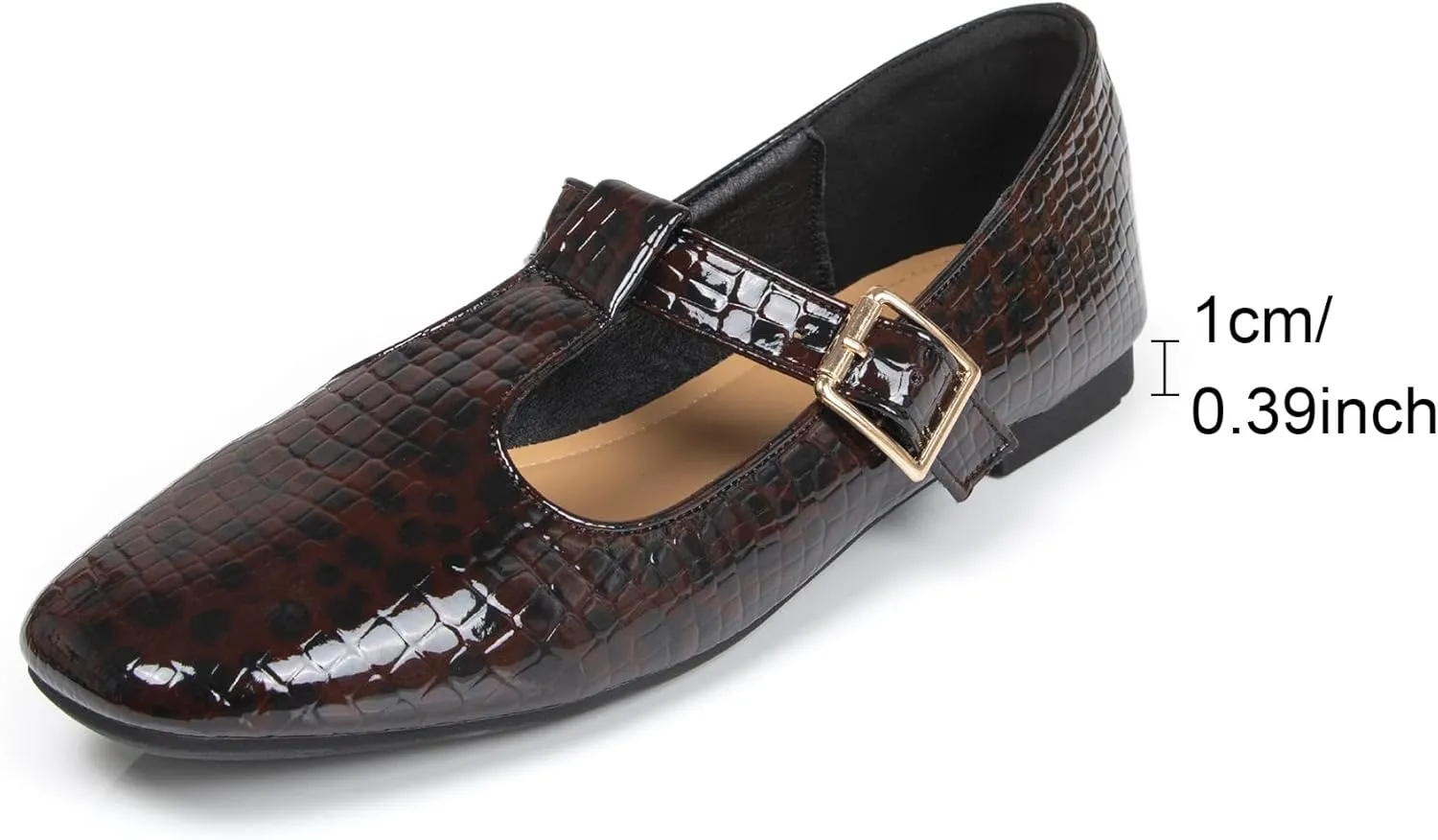 Women's Slip On T-Strap Mary Jane Flats Low Chunky Heel Comfy PU Round Toe Flat Shoes for Women Work Dressy Closed Toe Adjustable Strap Ballet Flats